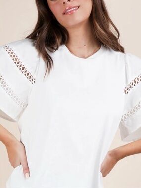 Women's White Puff Sleeve Tee with Eyelet Trim